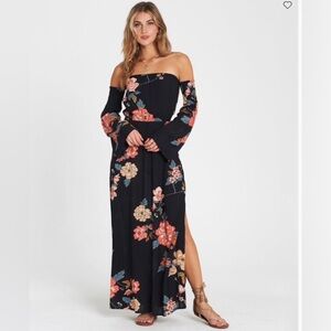 🌺 Billabong Black & Pink Crystal Flower Off-The-Shoulder Maxi Dress